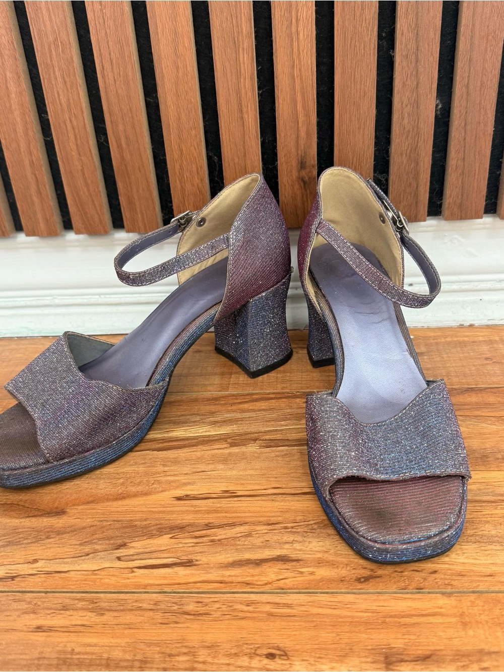 Kiko Mizuhara Ankle-Strap Glitter Block Heel Sandals - Iridescent Sparkle Purple